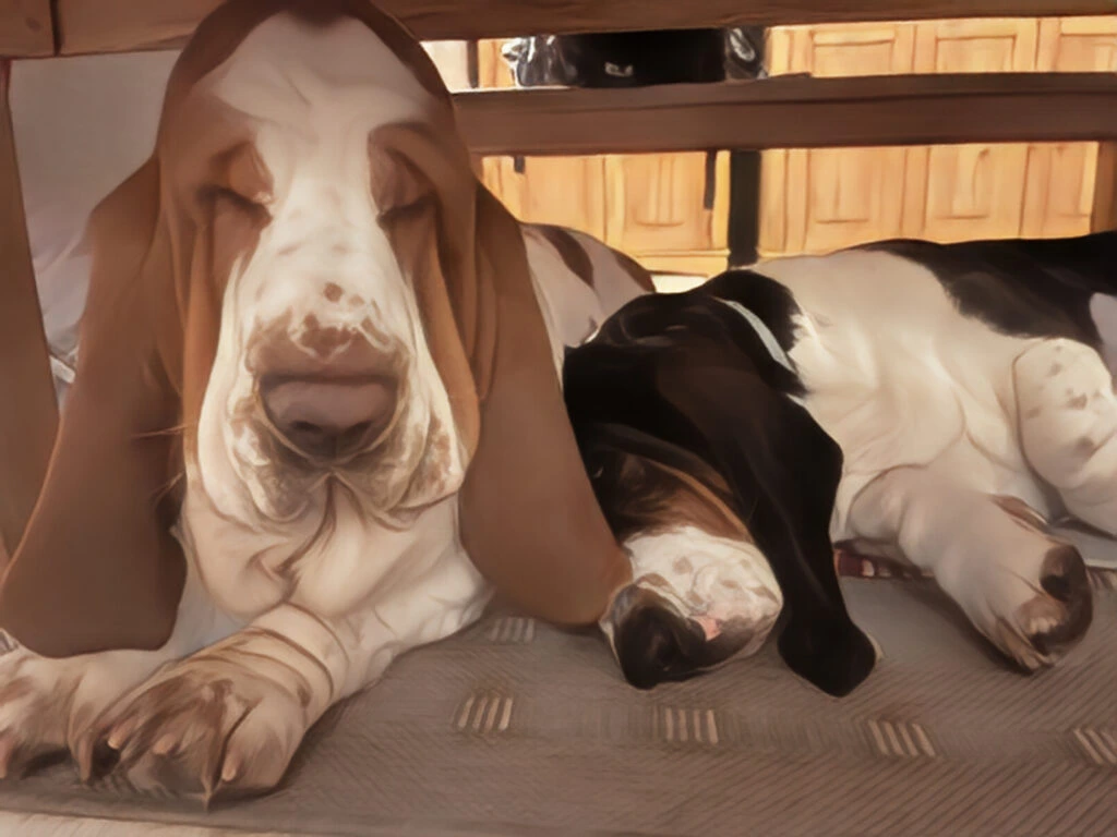 zwei Basset Hound unter dem Tisch